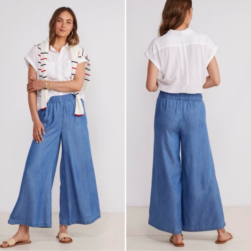 New VINEYARD VINES Wide Leg Chambray Pants Cropped High Rise Elastic Waist Blue